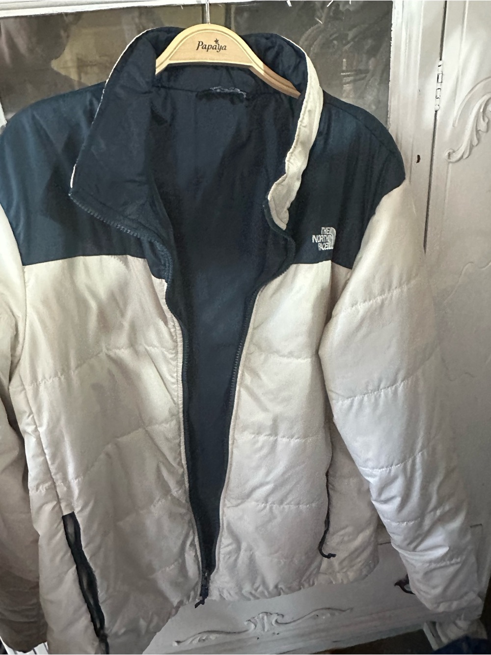 North Face Two-Tone Navy and Cream Puffer Jacket